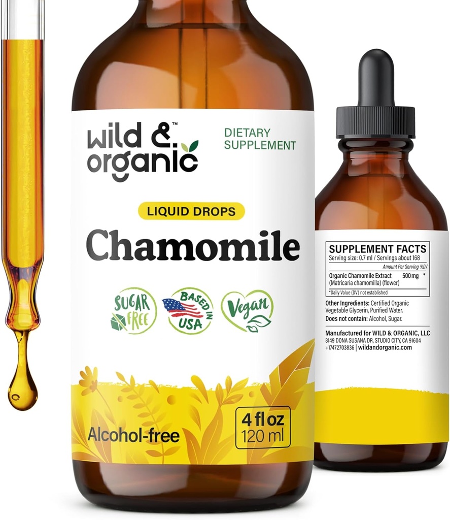 Vahşi & Organik Chamomile Çiçekler Tincture - Rahatlama için Calming Supplement - Chamomile Extract Liquid Drops - Vegan, Sugar & Alkol-Free - 4 fl ozz