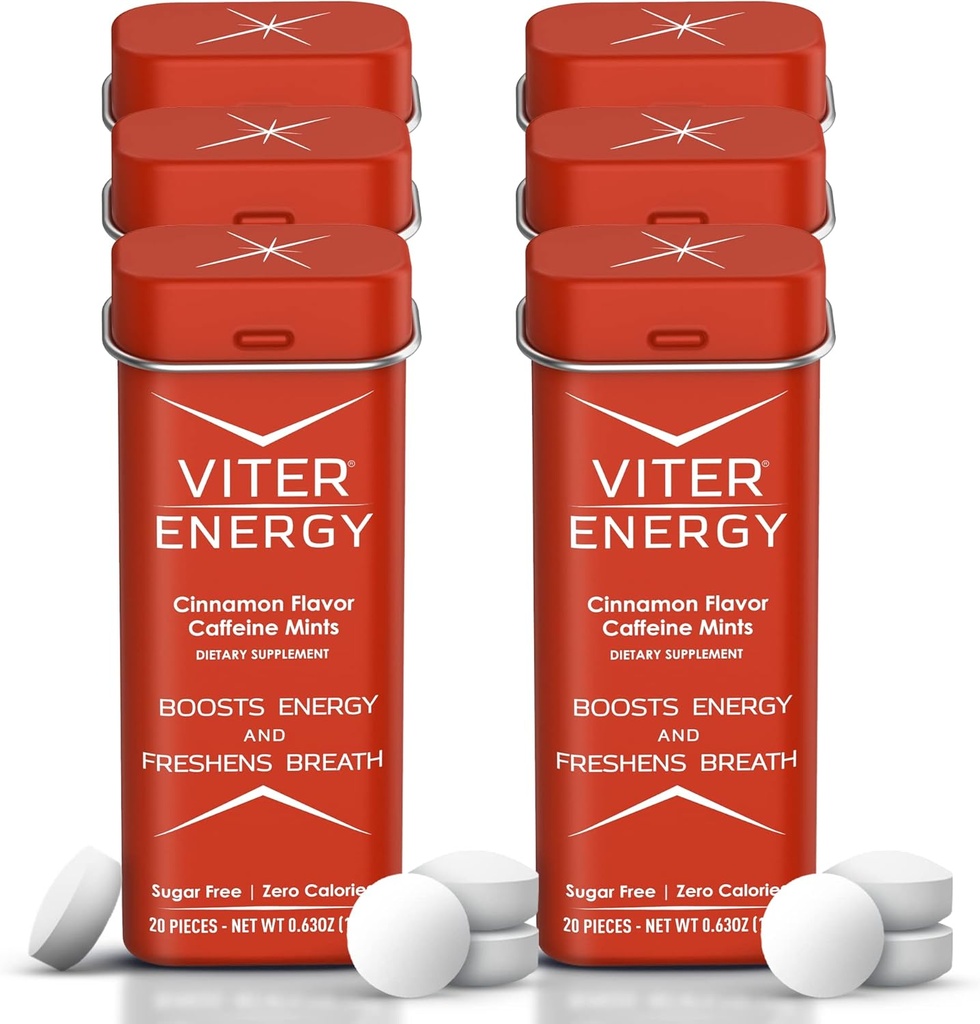 Viter Energy Caffeine Mints (120 Pieces) - 40mg Caffeine, Sugar Free, Vegan, B Vitamins Complex, Energy Supplement Caffeine Pills (Cinnamon, 6 Pack)
