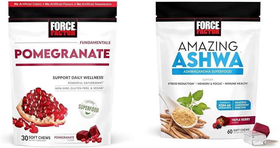 Zor Faktör Pomegranate Chews for Health Aging & Ashwa Chews for Stress Relief, Memory, Focus ve Immune Support