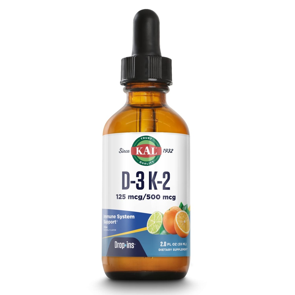 KAL D3 K2 DropIns 125 mcg / 500 mcg Υγρή βιταμίνη D3 K2 σταγόνες, την υγεία των οστών, την υγεία της καρδιάς και το ανοσοποιητικό συμπλήρωμα υποστήριξης, Φυσικό άρωμα εσπεριδοειδών, 60 ημερών εγγύηση επιστροφής χρημάτων, περίπου 59 Serv, 2 OZ FL