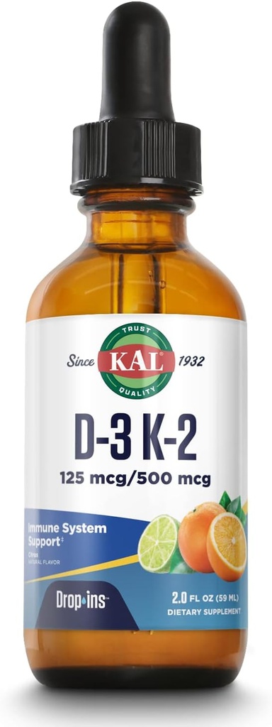 KAL D3 K2 DropIns 125 mcg / 500 mcg Sıvı Vitamin D3 K2 Drops, Bone Health, Heart Health ve Immune Support Supplement, Natural Citrus Flavor, 60-Day Money Back Garanti, Approx. 59