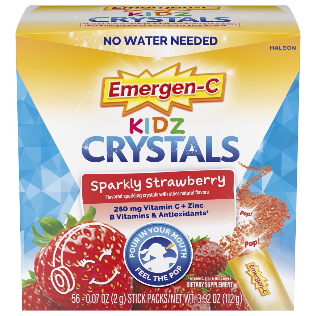 Emergen-C Kidz Crystals, On-the-Go Emergen-C Immune Support Supplement with Vitamin C, B Vitamins, çinko ve Manganese, Sparkly Strawberry, Stocking Thingser - 56 Stick Packs