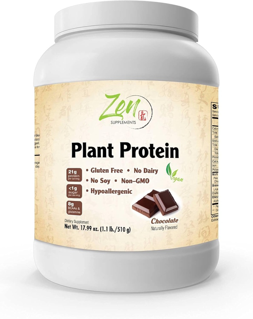 Zen Supplements - Plant Protein-Chocolate 510G 1.1LB -Powder - 23 Protein Gramleri Odada -Vegan, Low Net Karbs, Sütsiz, Gluten Free, Lactose Free, No Sugardrew, Soy Free, Kosher, Non-GMOMO