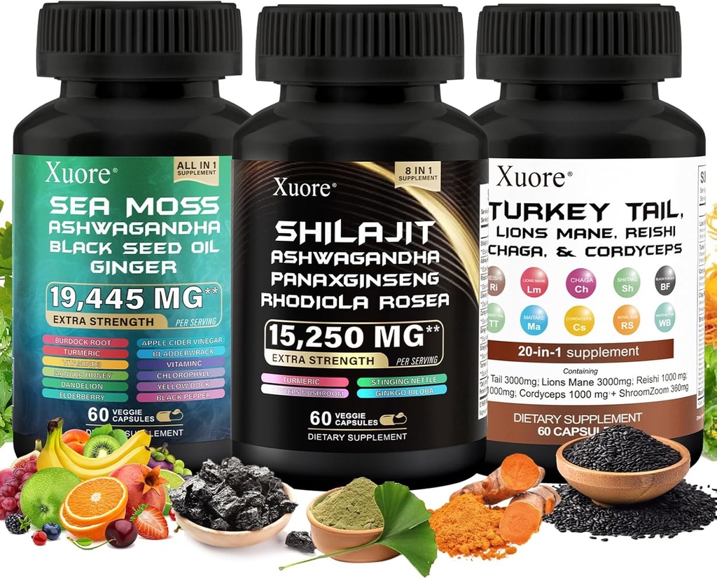 Shilajit,Sea Moss, Black Seed Oil,Mushroom & Herb Supplement with Lions Mane, Türkiye Tail, Reishi, Cordyceps, Chaga, Ashwagandha, Ginger, Rhodiola Rosea & Panax BTC, All in One Supplement.
