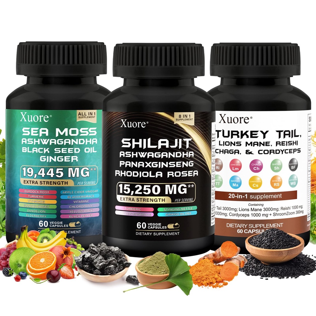 Shilajit,Sea Moss, Black Seed Oil,Mushroom & Herb Supplement with Lions Mane, Türkiye Tail, Reishi, Cordyceps, Chaga, Ashwagandha, Ginger, Rhodiola Rosea & Panax BTC, All in One Supplement.