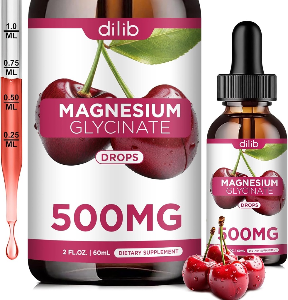 Magnezyum Glycinate Supplement, Magnezyum Glycinate Liquid Drops 500 mg with Kalsiyum, çinko, B6, D3, L-Theanine, Omega 3 for Sleep, Mood, Stress Relief, Bone, Muscle, Cherry Flavor