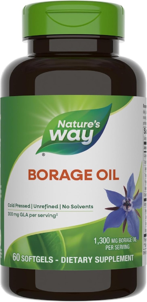 Nature's Way Borage Oil, Cold Pressed & Unrefined, GLA Supplement, 300 mg GLA ve 440 mg Linoleic Acid per Service, 60 Softgels (Pazarlama May Vary)