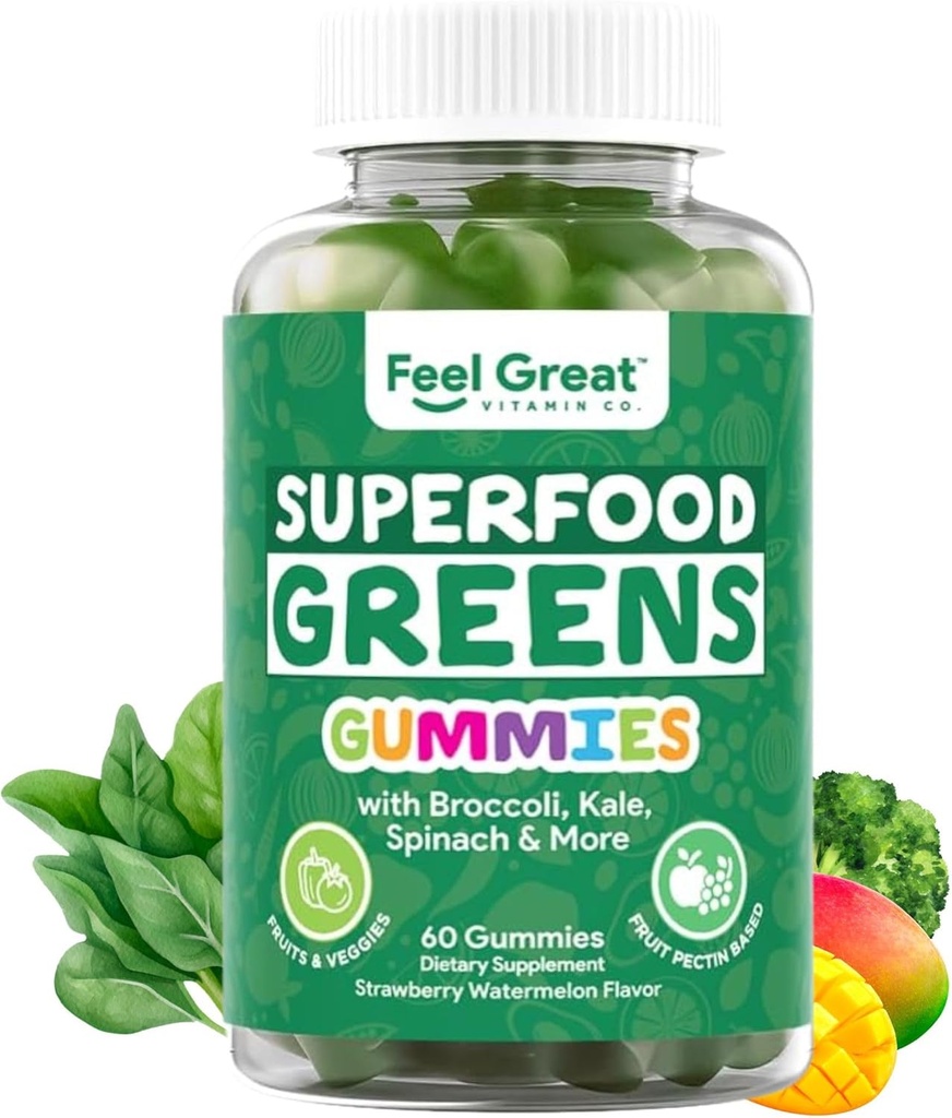 Super Greens Gummies - Green Superfoods Supplement with Spinach, Broccoli, Kale, Beet Root, Elderberry for Immunity Support - Meyve ve Sebze Tamamı - Watermelon Flavor, 60 Gummies