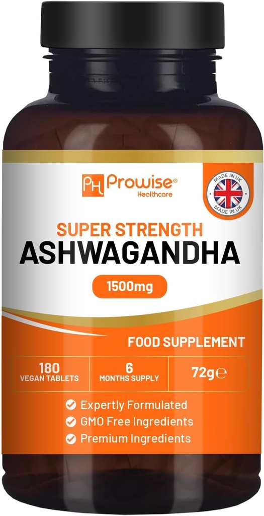 Ashwagandha 1500 mg 180 Vegan Tabletler | 6 Ay Supply | Pure High Strength Ashwagandha Root Extract | Made in UK by Prowise Health