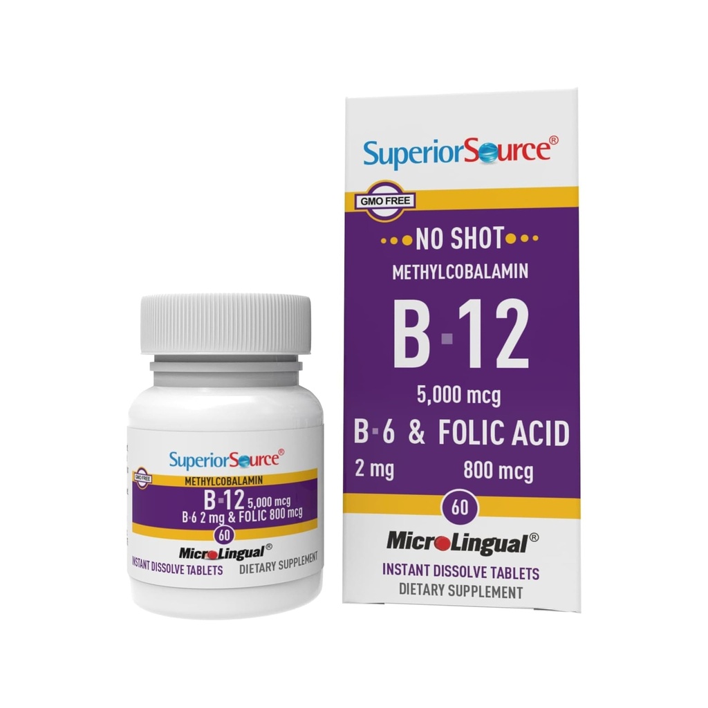Superior Source No Shot Vitamin B12 Methylcobalamin (5000 mcg), B6, Folic Acid, Quick Dissolve Sublingual Tablets, 60 Ct, Αύξηση Ενέργειας, Υγιεινή καρδιά, Ενίσχυση Μεταβολισμού, Υποστήριξη Στρες, Μη ΓΤΟ