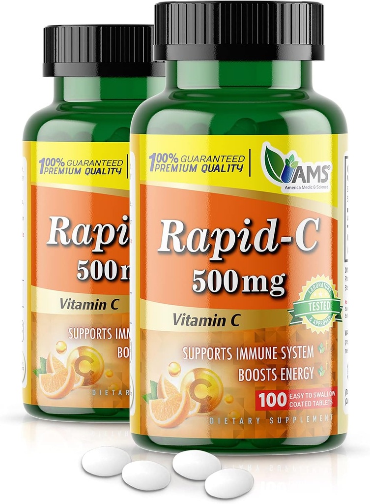 Amerika Medic & Science Rapid-C 500 mg Vitamin C Supplement (2 100 Tablet Paket) Enerji ATM, Günlük Immune Sistem Desteği, Antioksi | Vegan, Non-GMO, Yetişkin Erkekler ve Kadınlar için Ascorbik Asit