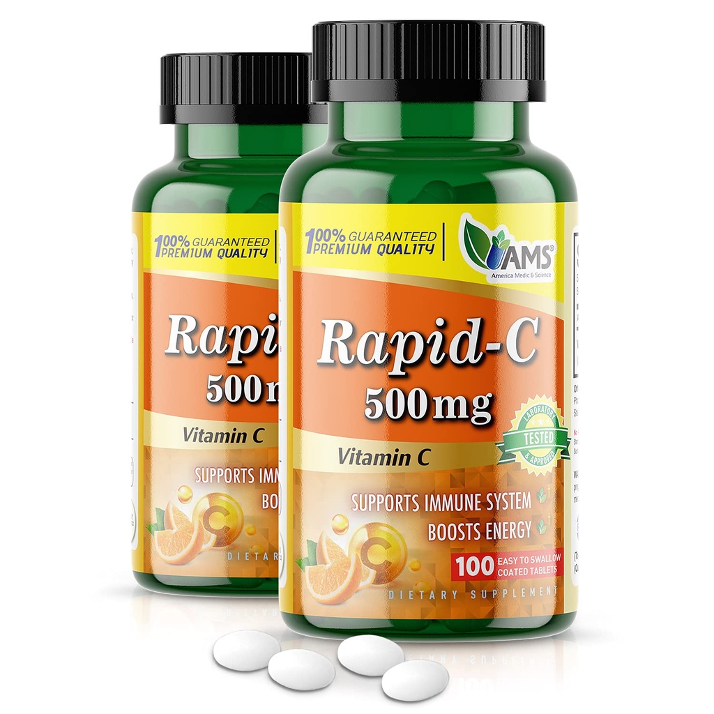 Amerika Medic & Science Rapid-C 500 mg Vitamin C Supplement (2 100 Tablet Paket) Enerji ATM, Günlük Immune Sistem Desteği, Antioksi | Vegan, Non-GMO, Yetişkin Erkekler ve Kadınlar için Ascorbik Asit
