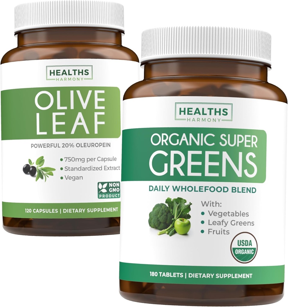 Olive Leaf Extract & Organic Super Greens (4-Month Supply) Saf Plant Power Sche of Olive Leaf Extract (120 Capsules) Super Strength & Organic Super Greens (180 Tabets) Organik Superfood