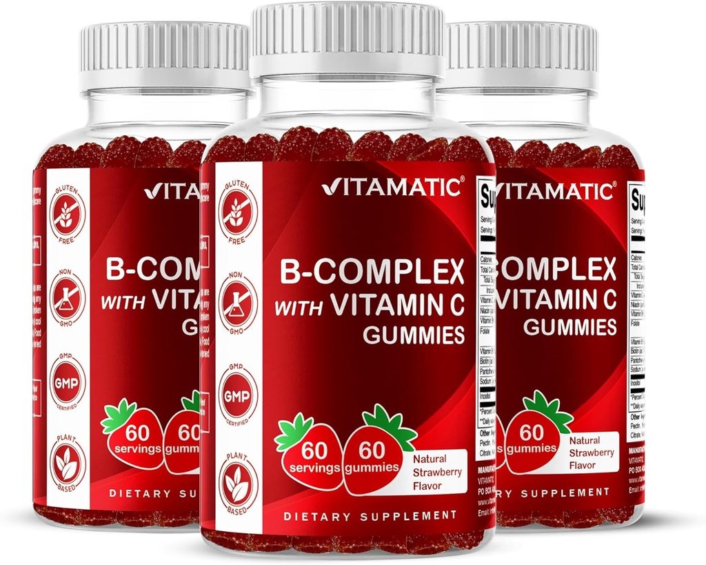 Vitamin C & Inositol ile Vitamatic Vitamin B Kompleks Gummies - Natural Strawberry Flavor - 60 Gummies (3 Şişe)