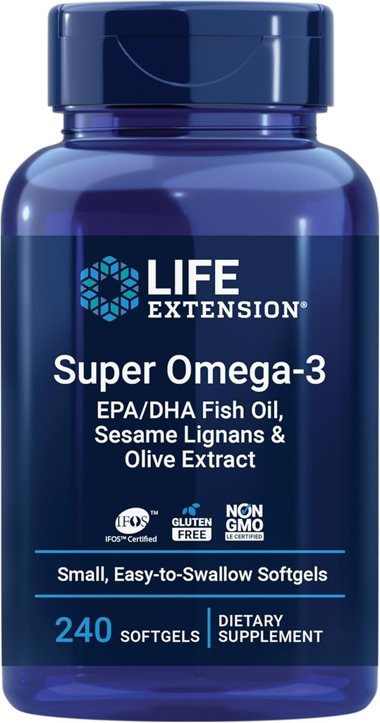 Life Extension Super Omega-3 EPA/DHA Fish Oil, Sesame Lignans & Zeytinyağı - Kalp Sağlığı, Beyin Sağlığı, Inflammation Health Support, Gluten-Free, Easy to Swallow, Non-GMO, 240 Softgels
