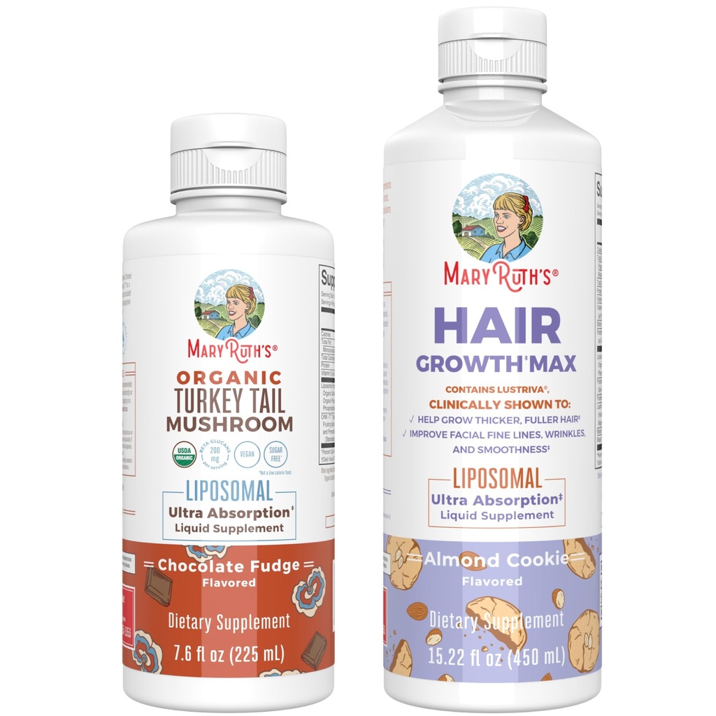 MaryRuth Organics Turkey Tail Mushroom Liposomal (Chocolate Fudge) & Hair Growth MAX (Almond Cookie) 