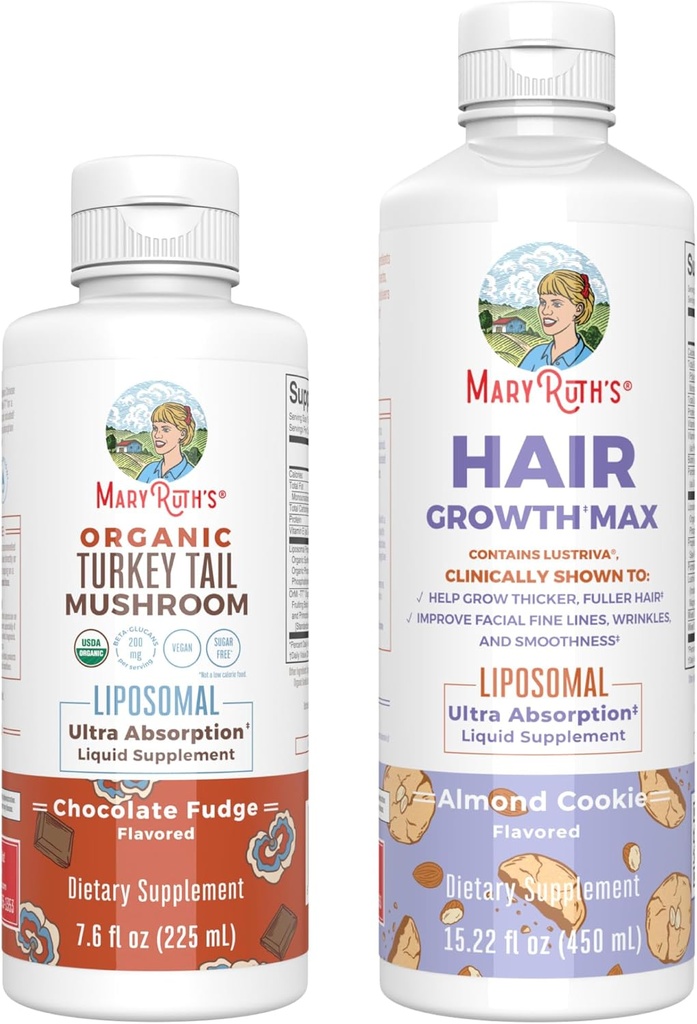 MaryRuth Organics Turkey Tail Mushroom Liposomal (Chocolate Fudge) & Saç Büyüme MAX (Almond Cookie) | Temiz Etiket Projesi Doğrulanmış® | Immunity & Beauty | Vegan, Gluten-Free Free