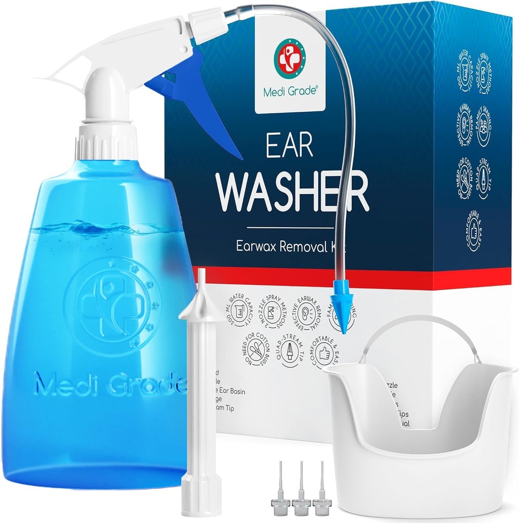 Medi Grade Ear Temizlik Kit Including Ear Clean Şişe, Quad-Stream ipucu ile Basin - Earwax Removal Kit for Advancedd Hear Clarity - Ear Wax Removal Tool for Ear Machinery