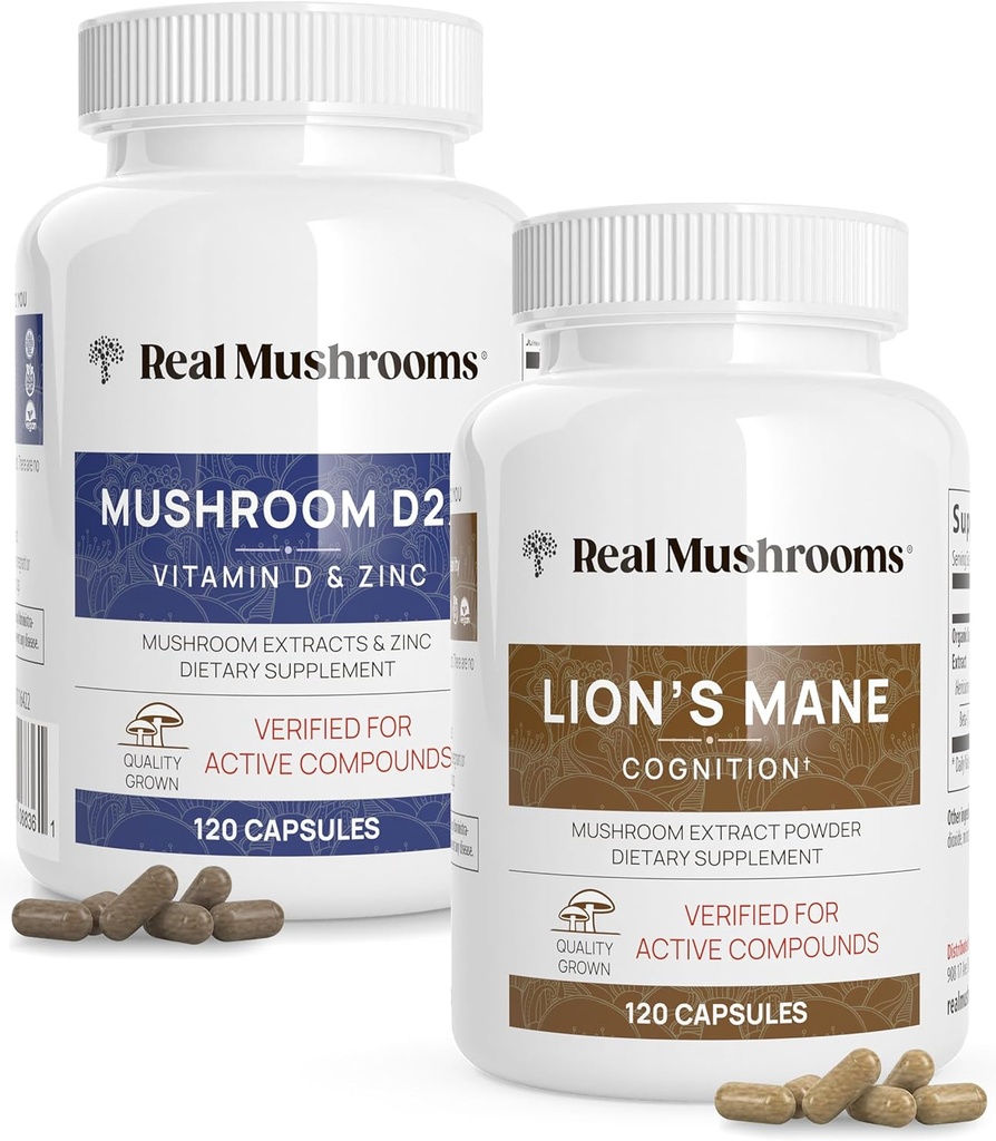 Real Mushrooms Vitamin D2, çinko, Chaga, Reishi (120ct) ve Lion's Mane (120ct) Sche - Immunity and Cognitive Support, Chelated Çinko for I improve Abors - Vegan, Gluten Free, Non-GMO