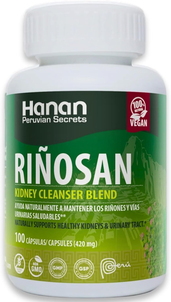 Riñosan Herbal Supplement – Chanca Piedra ile 100 Capsules, Horsetail, Cat's Claw, Stone Breaker – Geleneksel Perun Botanikleri Vitality & Balance