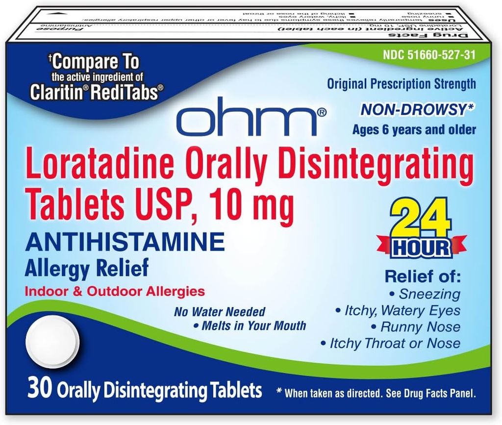 Ohm Loratadine 10 mg Antivirüs Tıp - Drowsy All Day Antihistamine, Orally Disintegrating Tabletler, Etkili Yardım, 6 ve yukarı - 30 Kont