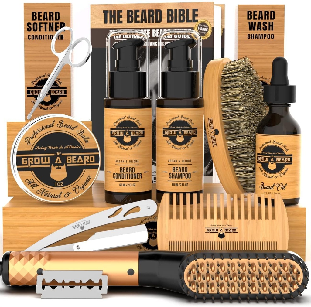 Men, Beard growth Kit, Wash, Brush & Comb, Unscented growth Oil, All Natural Chanel Balm, Durumer, Razor & Scisors, Great Gift Idea for Men's (Bamboo)