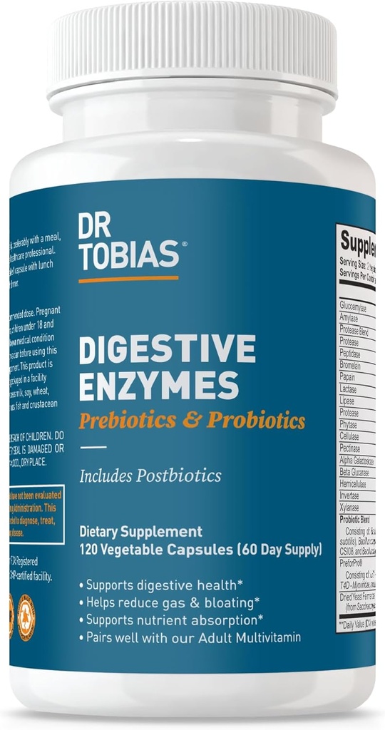 Dr. Tobias Probiyotiks, Prebiyotiks ve Postbiyotiks Bromelain, Amylase, Lipase, Better Digestion & Immune Function, 120 Capsules 60 Hizmetler (2 Günlük)