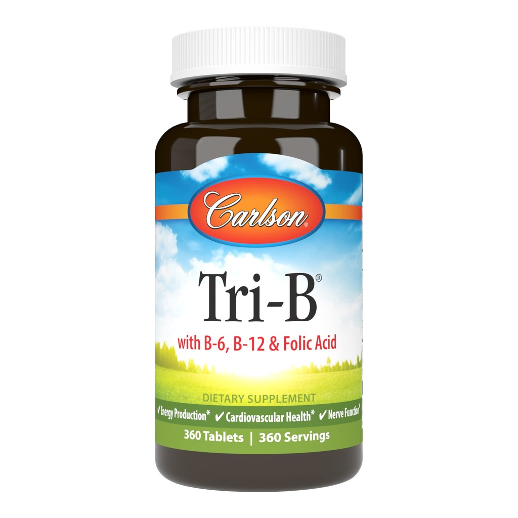Carlson - Tri- B, Vitamin B Complex, 25 mg βιταμίνης B-6, 400 mcg Βιταμίνης B-12, Follic Acid Energy Pills, Προώθηση Καρδιαγγειακής Υγείας, B Complex Vitamins, B12 Συμπλήρωμα, B Vitamin Complex, 360 δισκία