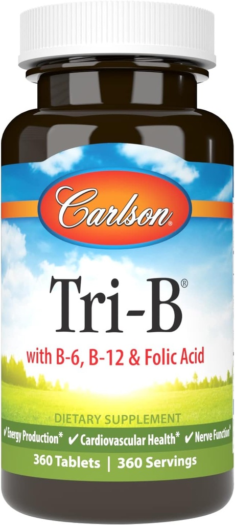 Carlson - Tri-B, Vitamin B Kompleksi, 25 mg B-6, 400 mcg B-12, Folic Acid Energy Pills, Cardiovascular Health, B Kompleks Vitaminler, B12 Tamam, B Vitamin Kompleksi, 360 Tabletler, B