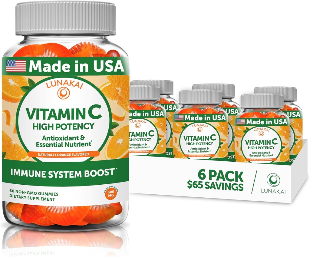 Lunakai Vitamin C Gummies for Yetişkinler and Kids - Organik VIT C Vegan Chewable Gummys - 250 mg Yetişkin, Çocuklar, Toddler Chews - 6 Pack