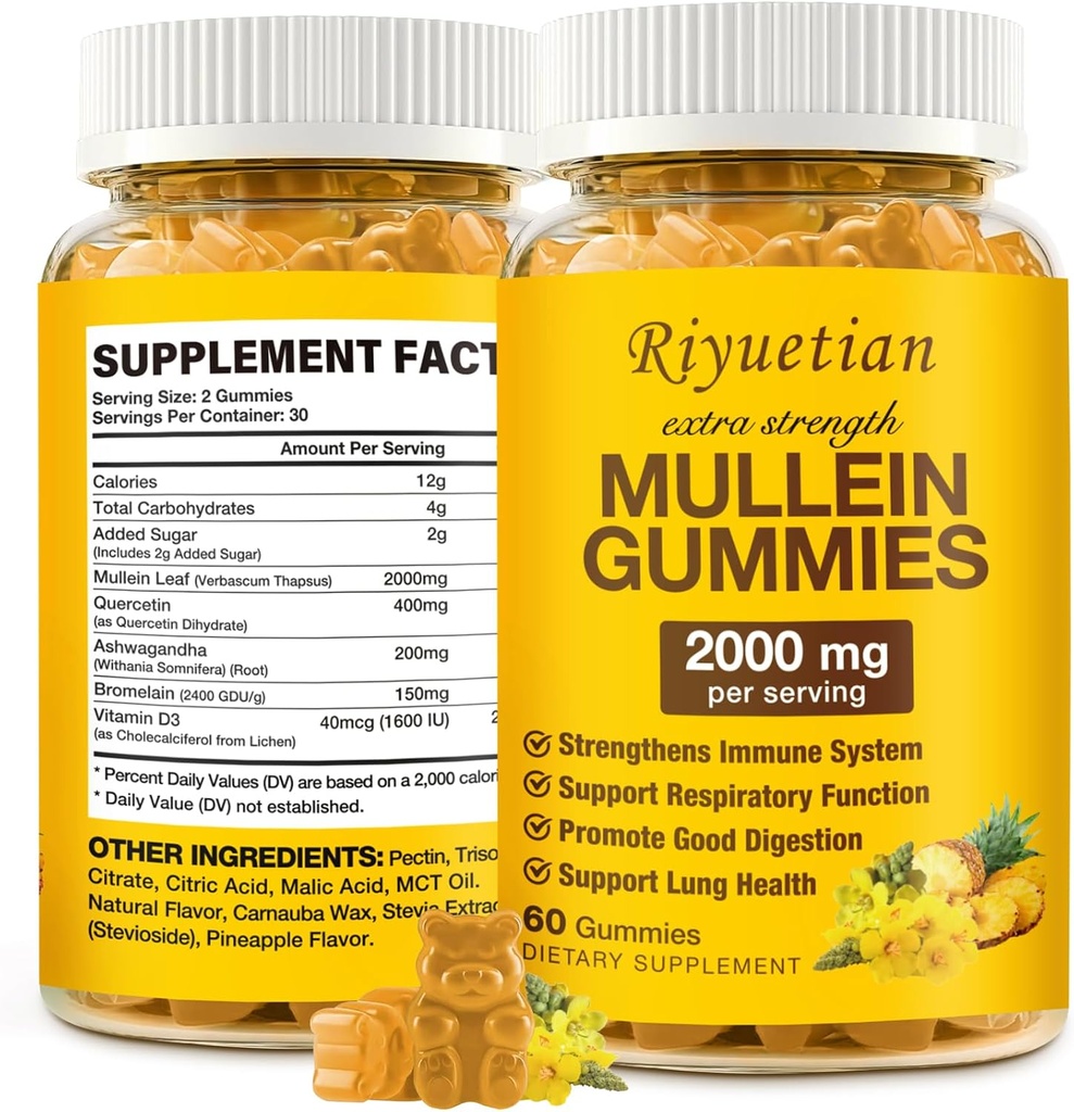 Mullein Gummies, 2000 mg Organik Mullein Leaf Extract for Clear Lungs, Boost Respiratory & Digestive, Immune Branson for Yetişkinler & Kids, Anti-GMO, 60 Gummies