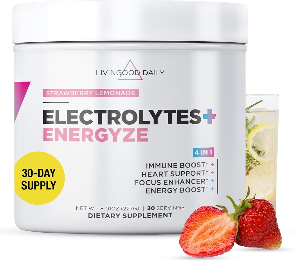 Livingood Daily Electrolytes Toz, Electrolytes Hydration Toz C, Taurin, D Ribose & FOS, Sugar Free Electrolyte Drink Mix, Keto, Gluten Free, Strawberry Lemonade, 30 Hizmetler