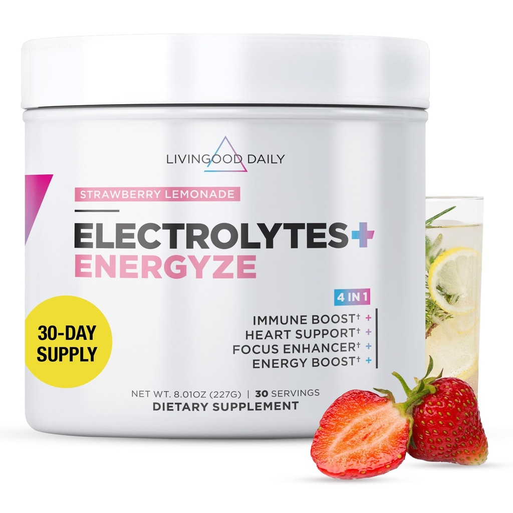 Livingood Daily Electrolytes Toz, Electrolytes Hydration Toz C, Taurin, D Ribose & FOS, Sugar Free Electrolyte Drink Mix, Keto, Gluten Free, Strawberry Lemonade, 30 Hizmetler