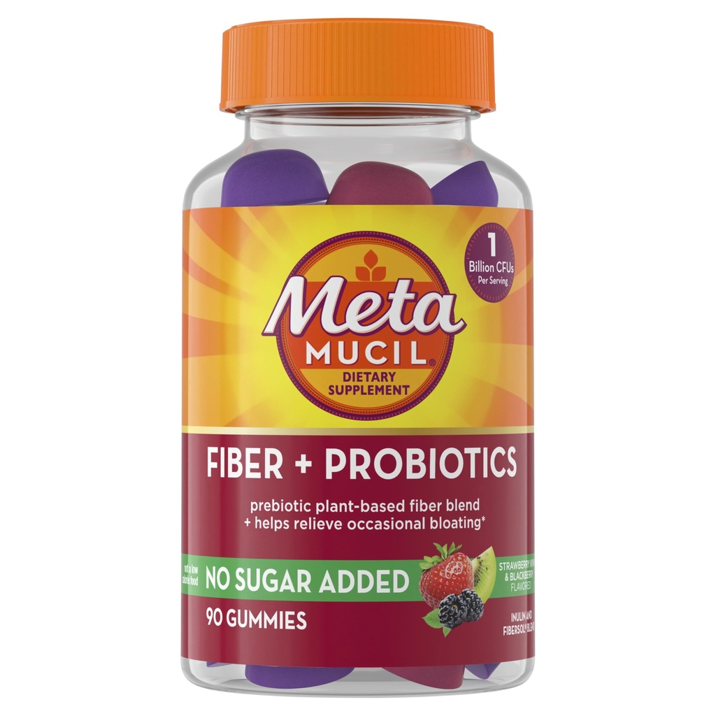 Bloating Relief için Probiyotiks ile Yetişkinler için Metamucil Fiber Gummies, No Sugardrew Strawberry Kiwi BlackBerry Flavors, 5g Prebiyotik Plant Based Fiber Supplement Meeting, 90 Count Count