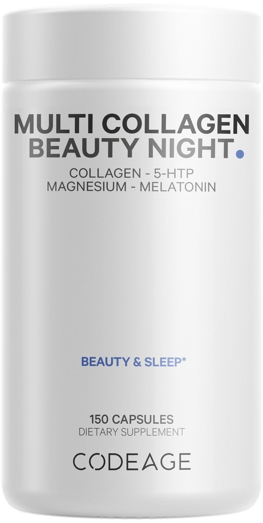 Codeage Multi Collage Protein Night - Μελατονίνη, Μαγνήσιο Διγλυκινικό, 5-HTP, L-Θεανίνη, Αγγλικό Λουλούδι Λεβάντα, Βρώμος των οστών - Βιταμίνες - Συμπλήρωμα - Χάπια Ύπνου - Μη ΓΤΟ - 150 Κάψουλες