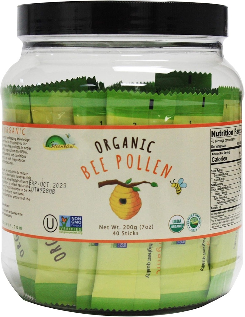 Greenbow Organik Arıen -% 100 USDA sertifikalı Organik, Non-GMO, Halal, Kosher sertifikalı, Pure & Natural Bee Pollen - Superfood Proteinler, Vitaminler ve Mineraller - Gluten Free -5g x 40stick