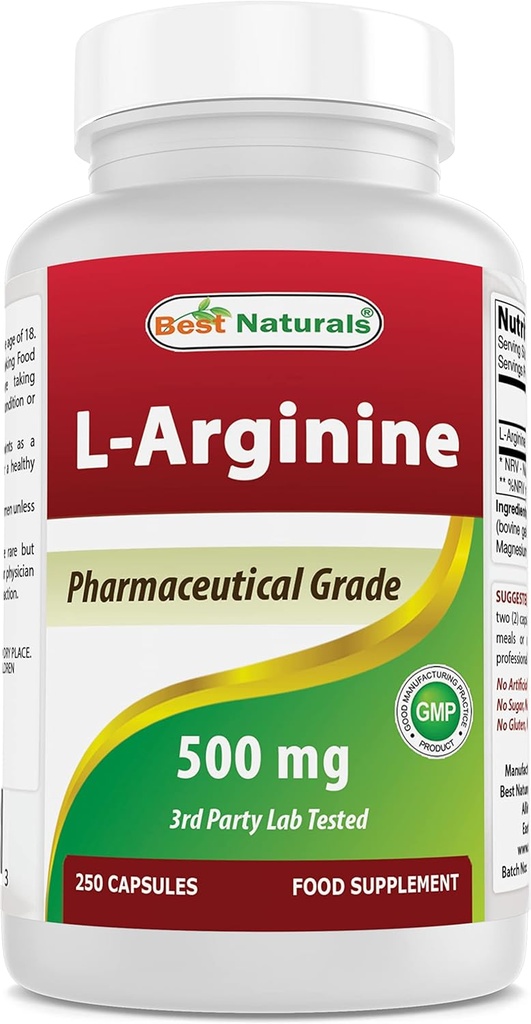 Best Naturals L-αργινίνη 500mg 250 κάψουλες - Φαρμακευτική L Arginine συμπλήρωμα προωθεί τη σύνθεση μονοξειδίου του αζώτου