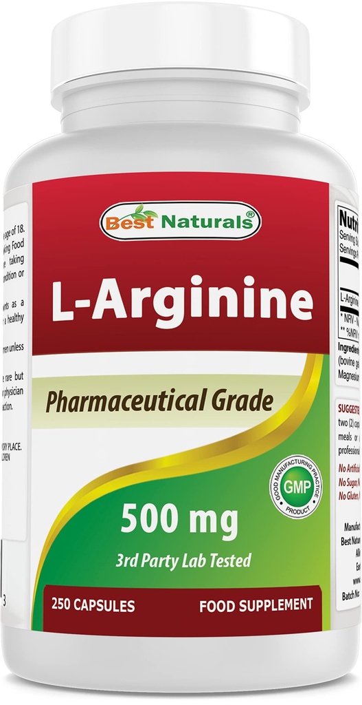 En İyi Doğallar L-Arginine 500 mg 250 Capsules - Farm Grade L Arginine takviyesi nitrik oksit sentezlerini teşvik eder