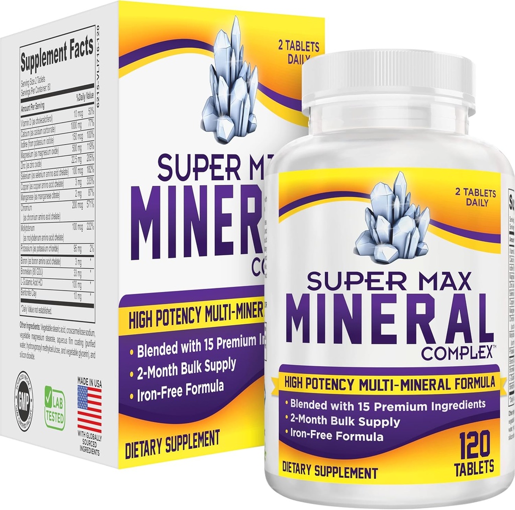 2-Month Multimineral Supplement (Iron Free) Natural Multiminerals | High-Potency Multi Mineral Supplements (15-in-1) Blended Minerals Formula | Mineral Complex | 60-Day Bulk Supply | 120 Tablets