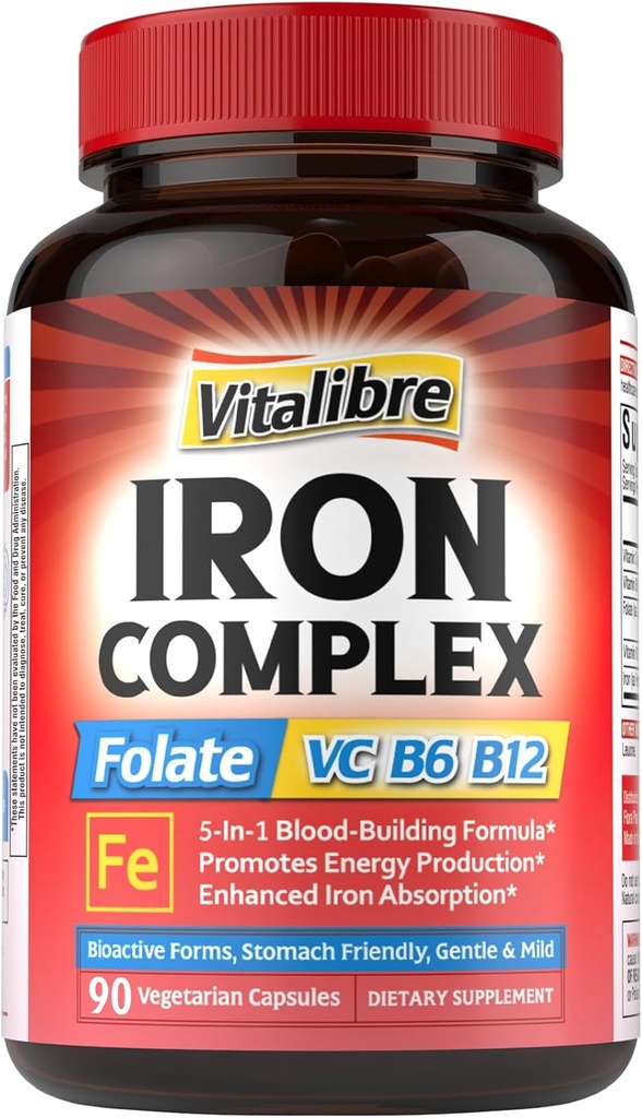 Kadın ve Erkekler için Demir Supplement, C, B6, B12 & Foate for Iron Deficiency, Blood Building & Energy Support, Stomach Friendly, Better Abxia, Non-GMO, No Gluten, 90 Vegan Caps