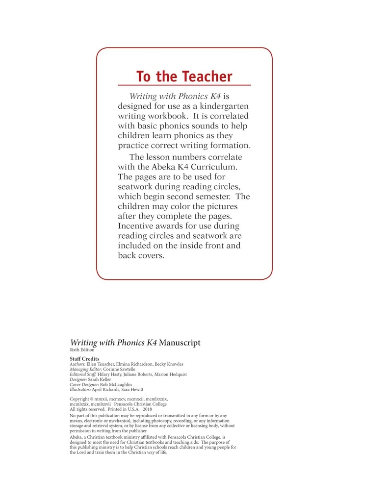 Phonics K4 Manuscript - Abeka K4 4 Yıl Eski Kindergarten Manuscript Phonics Penmanship Student Work Book Book Book