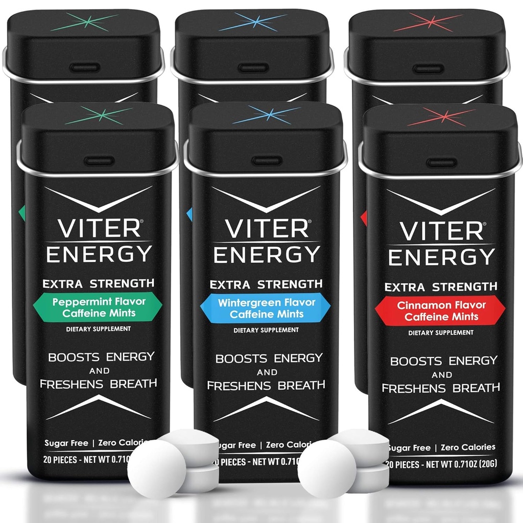 Viter Energy Extra Strength Caffeinated Mints 80 mg Caffeine, B Vitaminleri, Sugar Free. (Variety, 20par, 6 Pack)