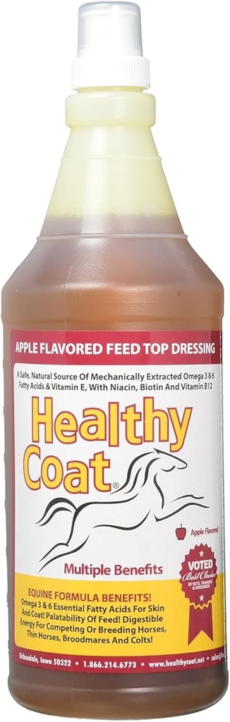 HealthyCoat Horse Supplement 32 oz – All-Natural Omega 3 & 6 Feed Top-Dress for Shiny Coat, Healthy Skin, Hooves & Joints – Ενισχυμένη με Biotin, B12, Λεκιθίνη & Βιταμίνη E – Apple Flavor