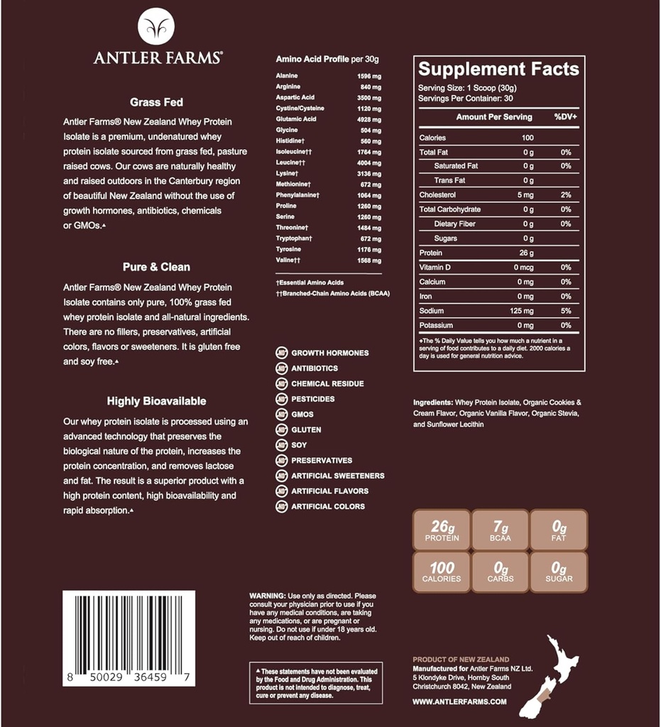 Antler Farms - 100% Grass Fed Yeni Zelanda Whey proteini, Kurabiyeler ve Krem Flavor, 2 lbs - Pure and Clean, 5 Malzemeler, Cold Processed