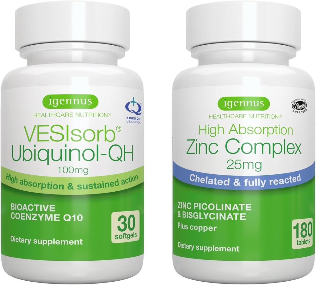 VESIsorb Ubiquinol-QH + Çinko Kompleksi Fertness için Paket, Hızlıca İleri CoQ10 100 mg + 25 mg Chelated çinko, Igennus