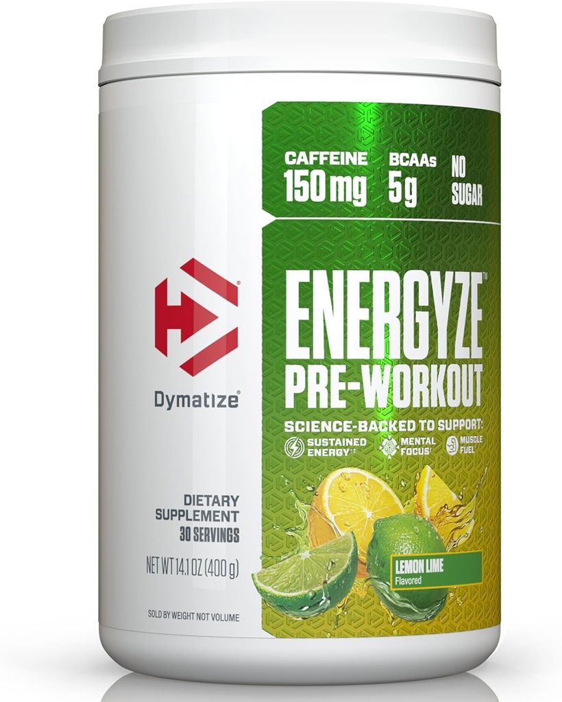 Enerjize Pre Workout Toz for Men and Women, Lemon Lime Flavor, 150 mg Caffeine, 5g BCAAs, Performans L-Tyrosine, L-Citrulline, No Sugar, 30 Servisler