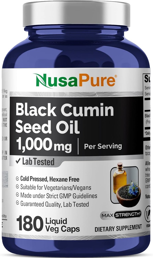 NusaPure Black Tohum Yağı 180 Softgel Capsules (Non-GMO, Vegetarian) Cold-Pressed Virgin Nigella Sativa. Hexane Free