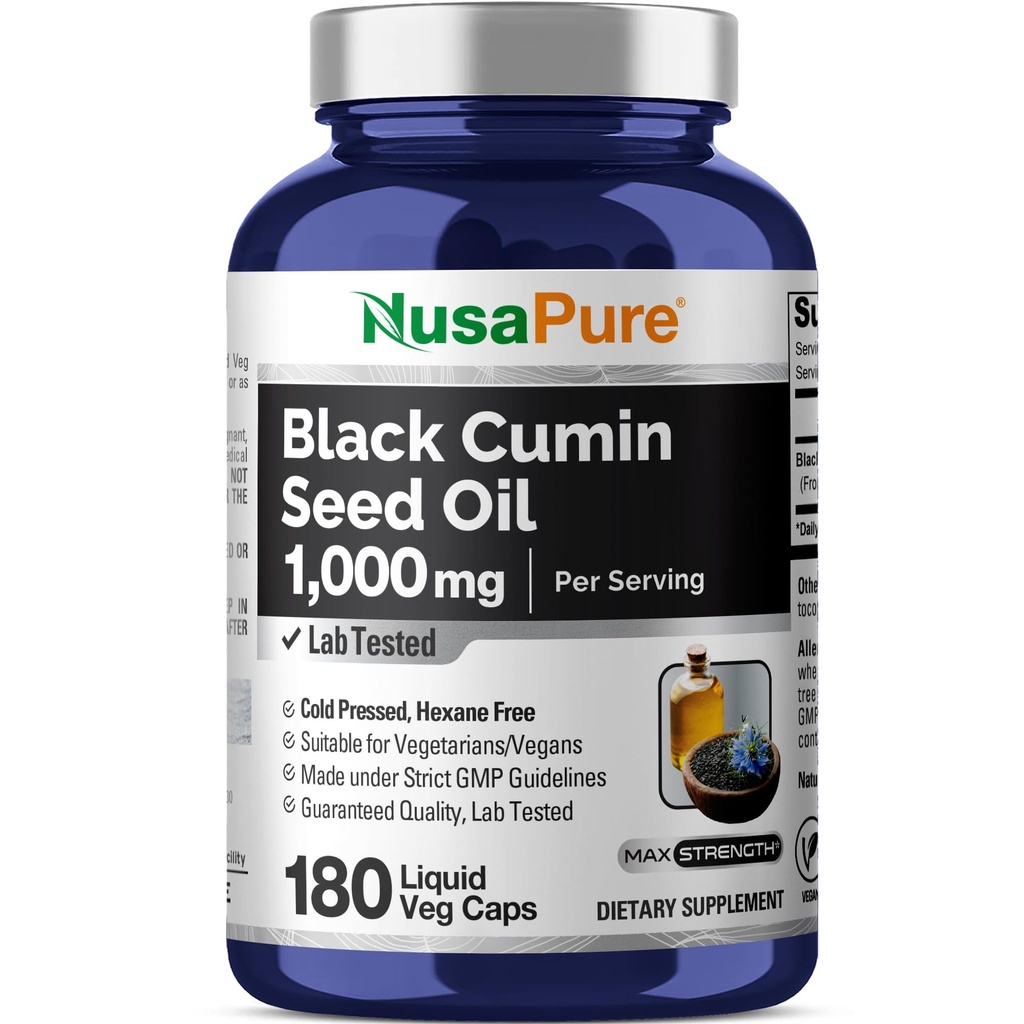 NusaPure Black Tohum Yağı 180 Softgel Capsules (Non-GMO, Vegetarian) Cold-Pressed Virgin Nigella Sativa. Hexane Free