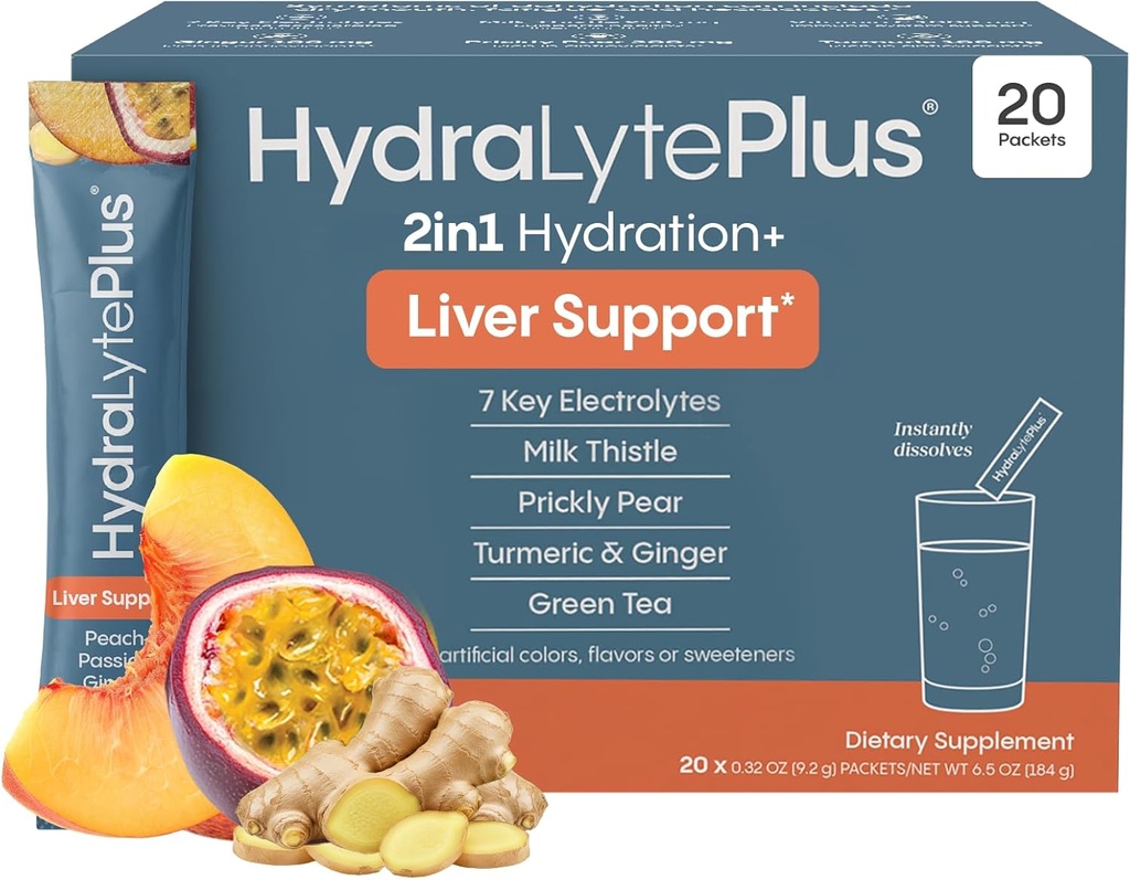 Hydralyte Liver Support + Electrolyte Mix with Milk Thistle, Turmeric, Ginger, Prickly Pear, Green Tea Extract Formulaed for Rapid Rehidr (Peach Passion Ginger, 20 Packets)