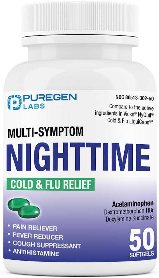 Puregen Labs Gece Soğuk ve Flu Relief Tıp | 50 Softgel Liquid Capsules | Yardımlar Relieve Sore Throat, Cough, Fever, Headaches, Runny Nose, Congestion ve Aches | Value Pack